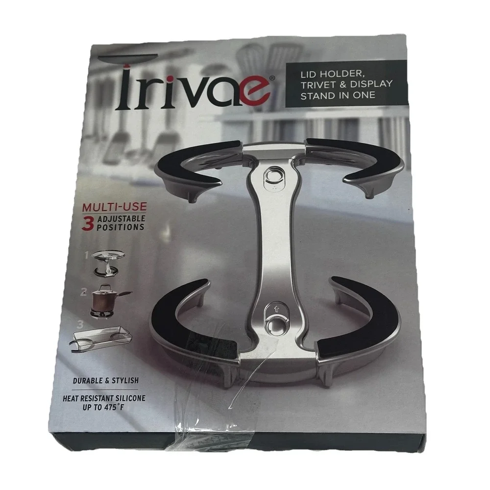 Trivae Multi-Use Lid Holder Trivet and Display Stand Blue Silver Heat Resistant